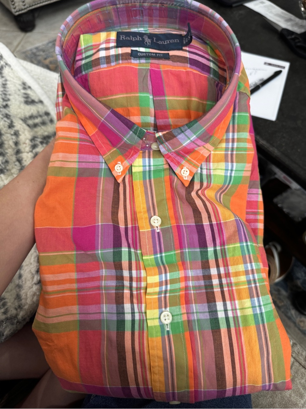 NEW XL Ralph Lauren Men’s Orange Pink Plaid Button-Down Custom fit Shirt